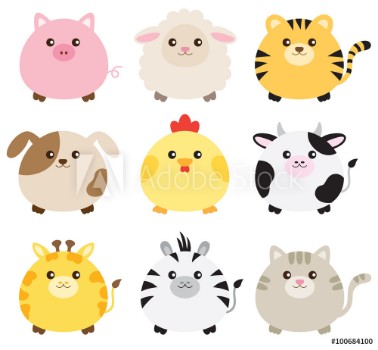 Picture of Vector illustration of fat animals including pig sheep tiger dog chicken cow giraffe zebra and cat
